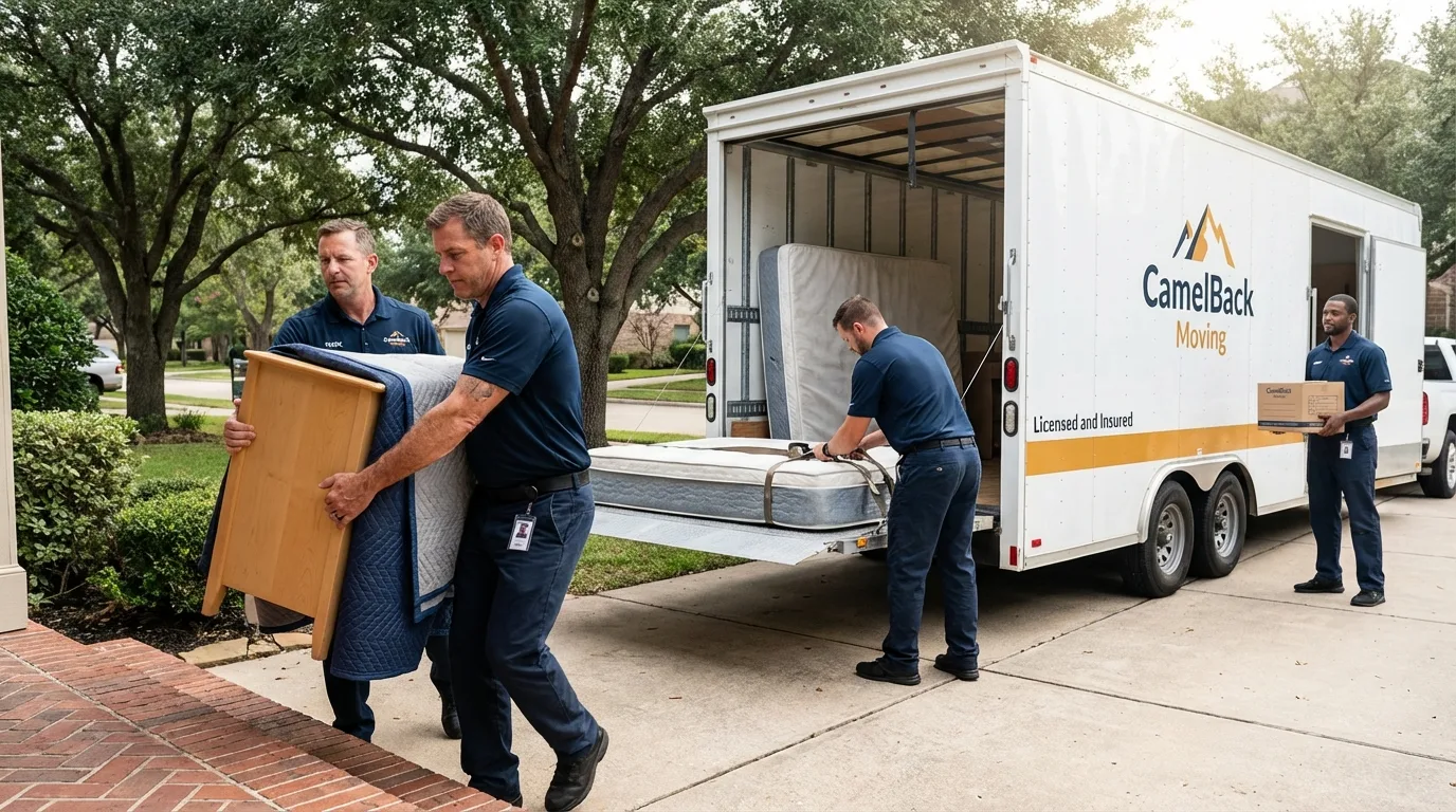 Crew loading residential truck for cross-state move from Holcomb, KS