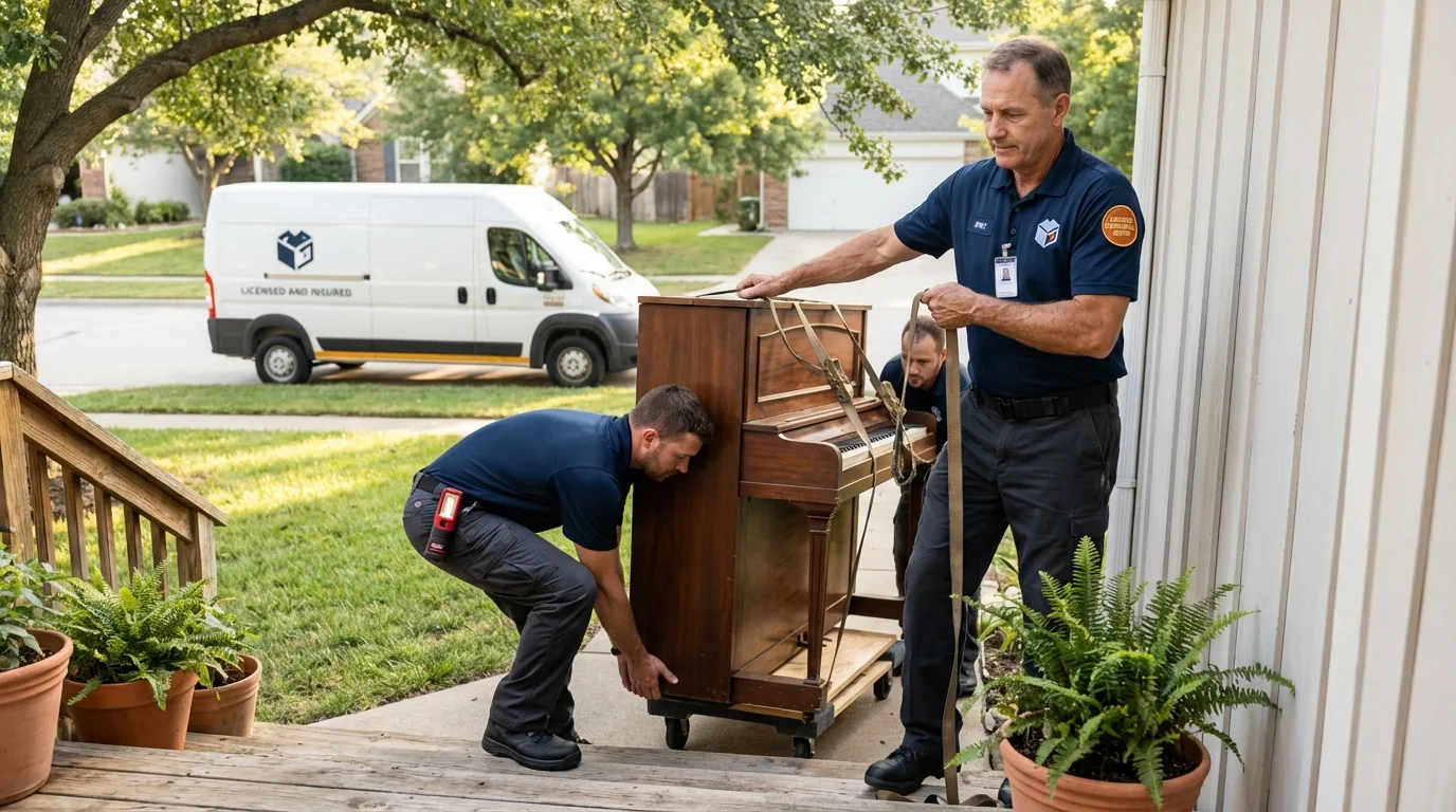 Licensed piano movers securing grand piano in Holcomb, KS
