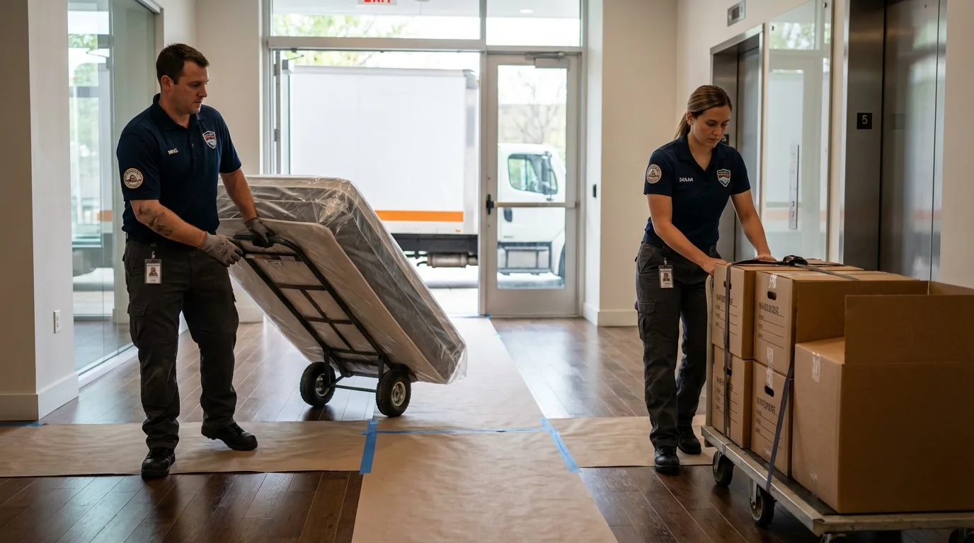 Professional apartment movers loading elevator in Holcomb, KS
