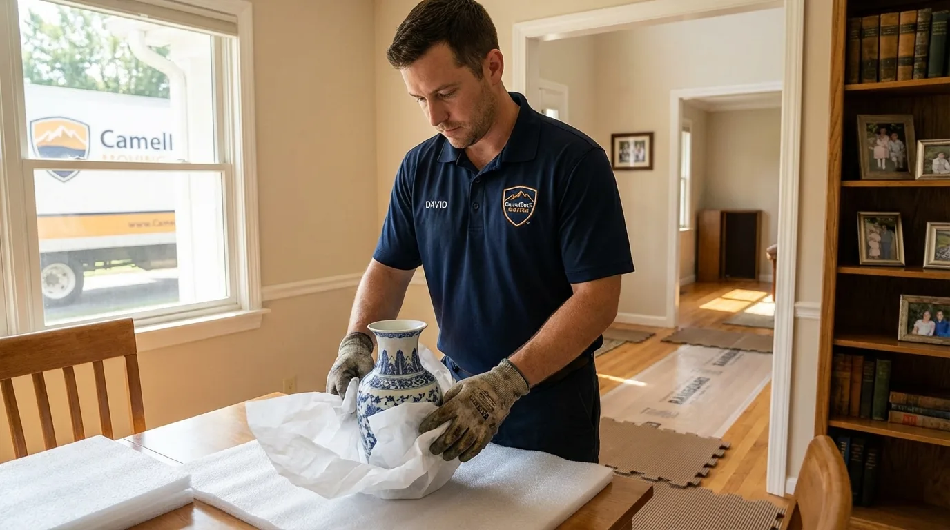 Professional crew carefully wrapping antique vase for senior downsizing move in Holcomb, KS